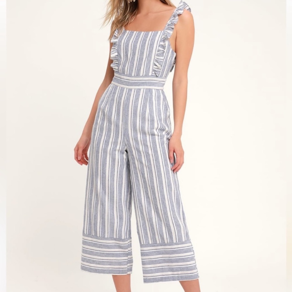 Lulu's Emilia Rae Blue Striped Ruffle Culotte Linen Blend Jumpsuit Size Medium